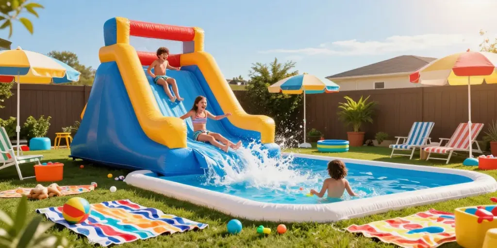 Excited kids sliding down a water slide inflatable into a splashing pool on a sunny day.