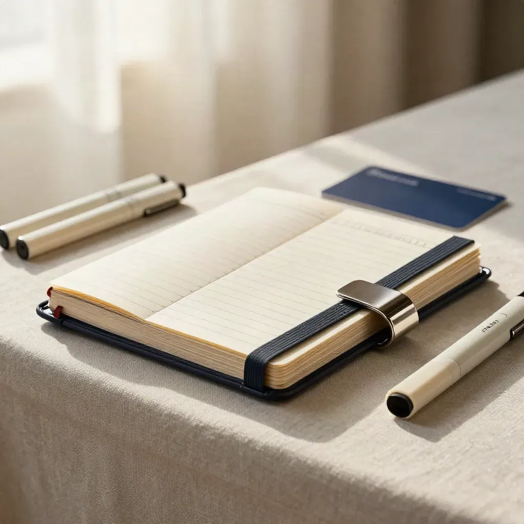 Open ivory planner folio on linen ledge with dark band and polished clip, side-lit softly.