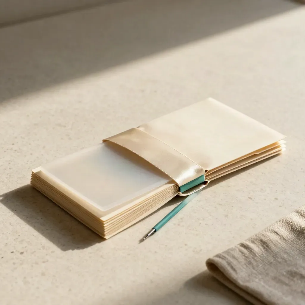 Cream guide bundle, translucent card, and teal pointer on travertine, softly lit in studio.