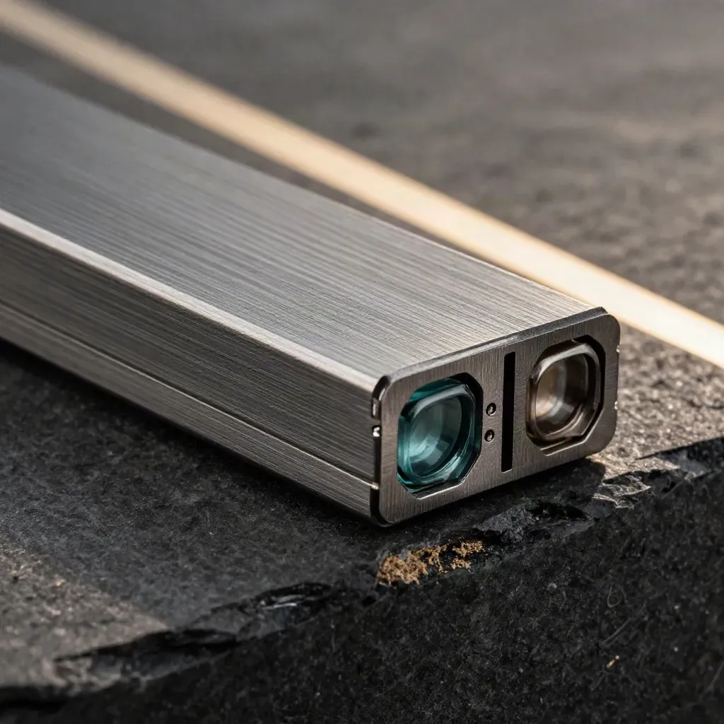 Brushed-metal tracker deck with graphite spine on basalt, lit by a sharp rim light.
