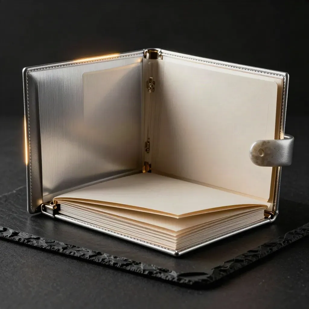 Brushed silver fee folio open with inserts and a pale stone clip on a dark slate plinth.