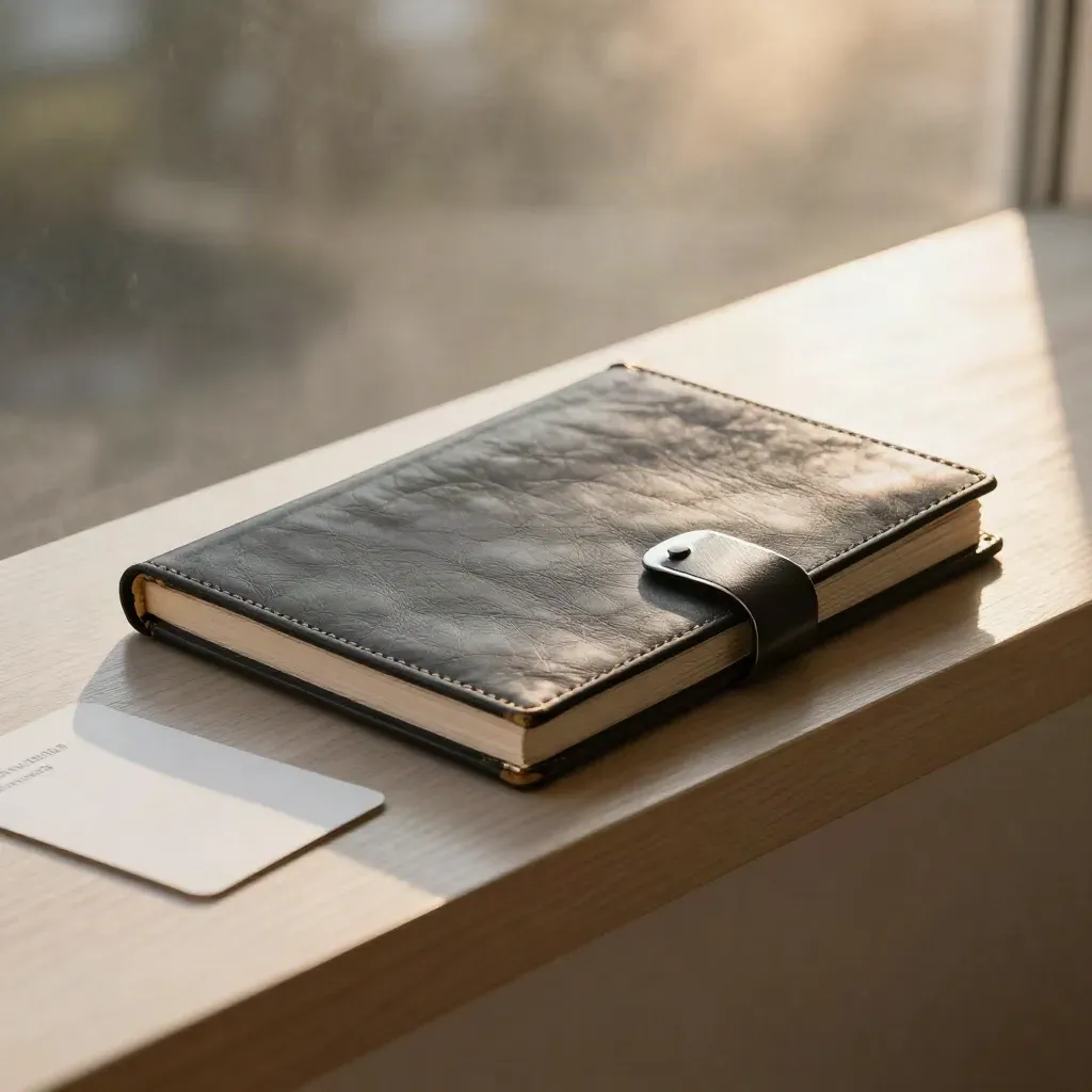 Closed dark trade log folio on a pale wood ledge with silver tab, graphite stick, and haze.